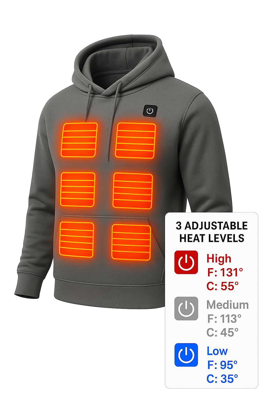 USB Verwarmde Hoodie – 7 Verwarmzones – Unisex Thermo Fleece – Grijs