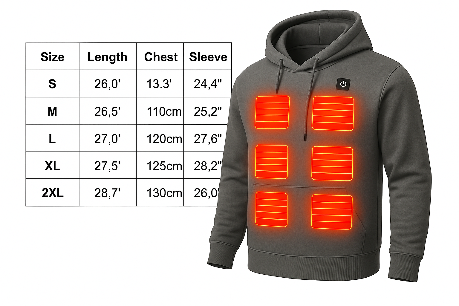 USB Verwarmde Hoodie – 7 Verwarmzones – Unisex Thermo Fleece – Grijs