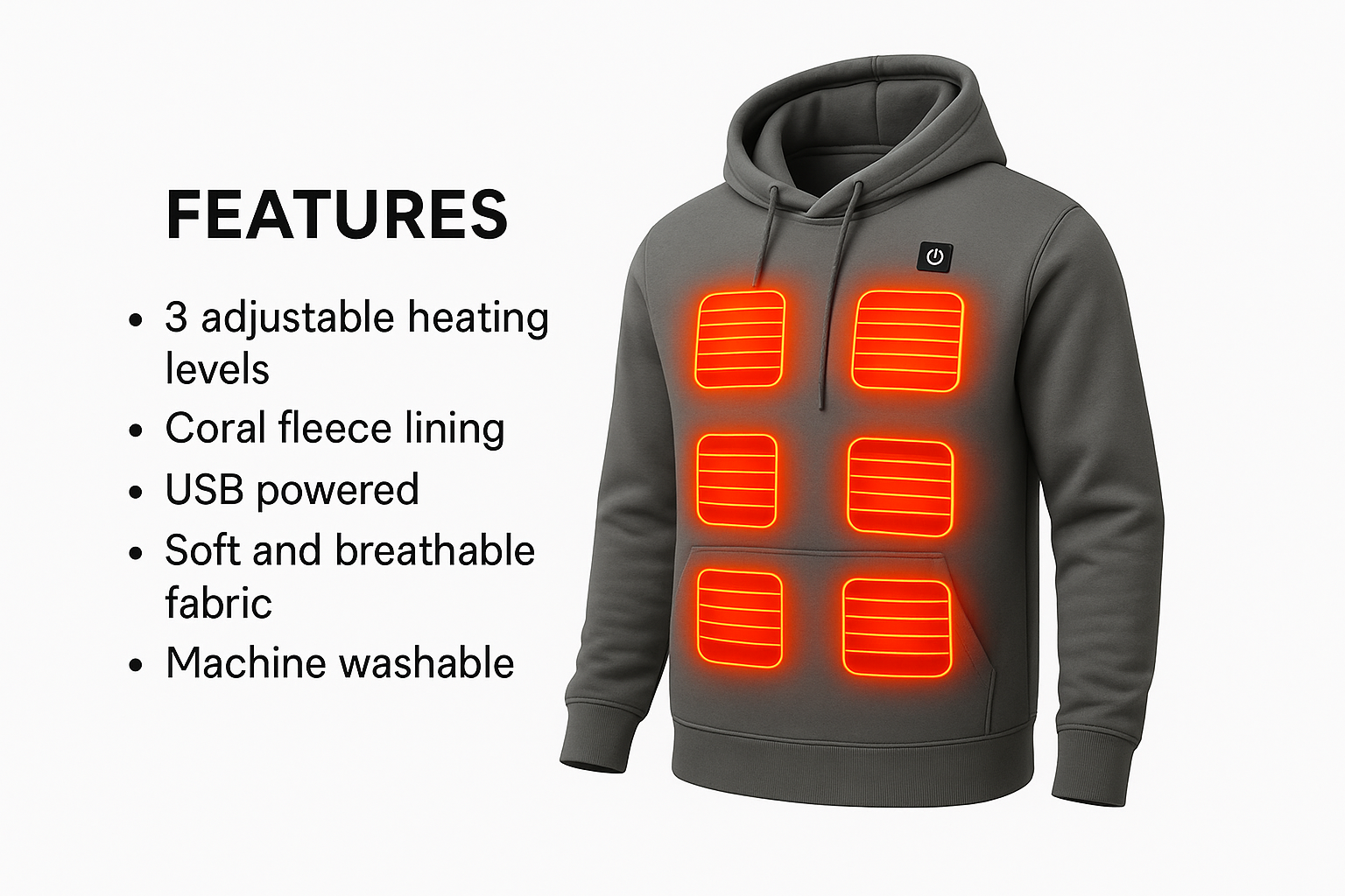 USB Verwarmde Hoodie – 7 Verwarmzones – Unisex Thermo Fleece – Grijs